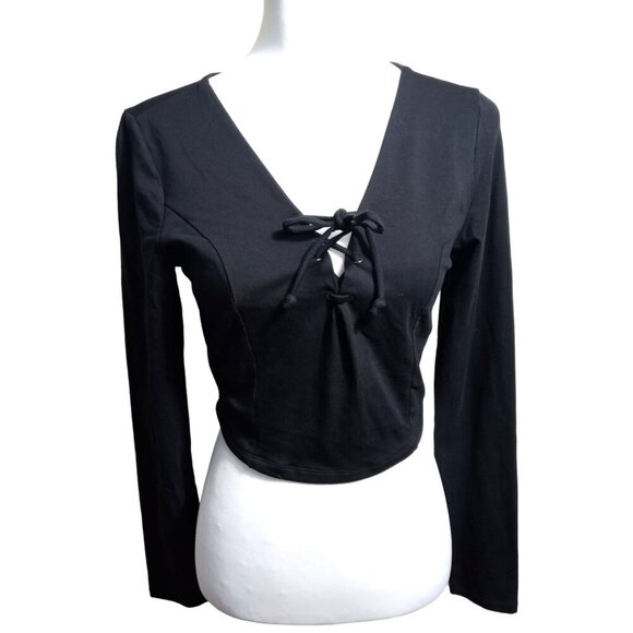 NWT Charlotte Rousse Black Sexy Womens Blouse Tie Front Strappy Back - Picture 1 of 8
